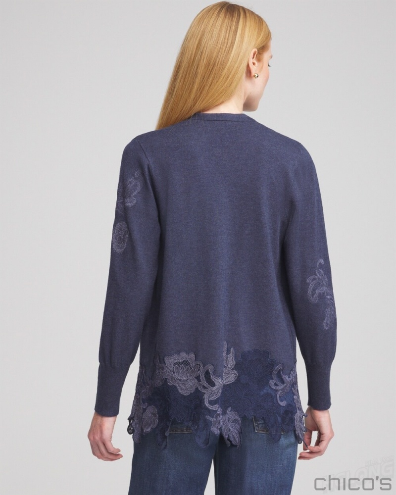 Chico's Cashmere Blend Lace Hem Cardigan Sweaters Dark Denim Heather | 975-JCQRKG