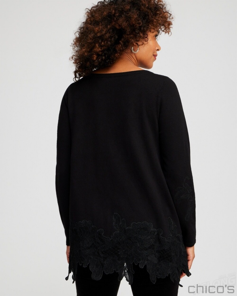 Chico's Cashmere Blend Lace Hem Pullover Sweater Sweaters Black | 674-SBLZAM