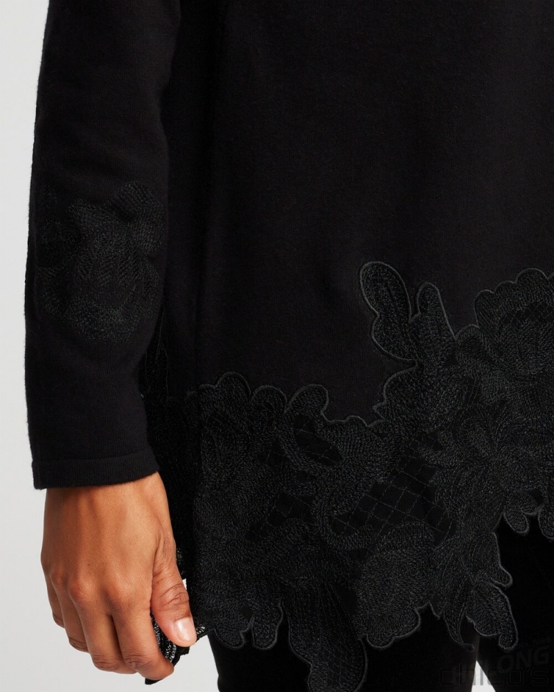 Chico's Cashmere Blend Lace Hem Pullover Sweater Sweaters Black | 674-SBLZAM