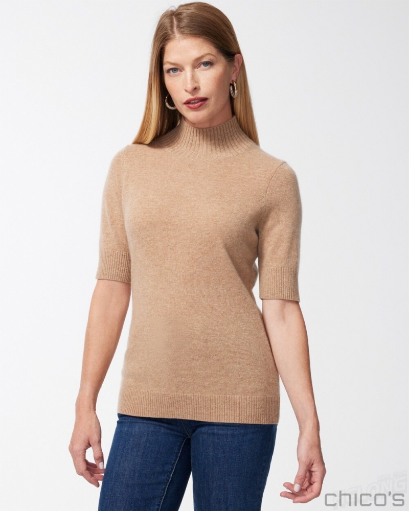 Chico\'s Cashmere Elbow Sleeve Pullover Sweater Sweaters Camel | 671-JWEVGP