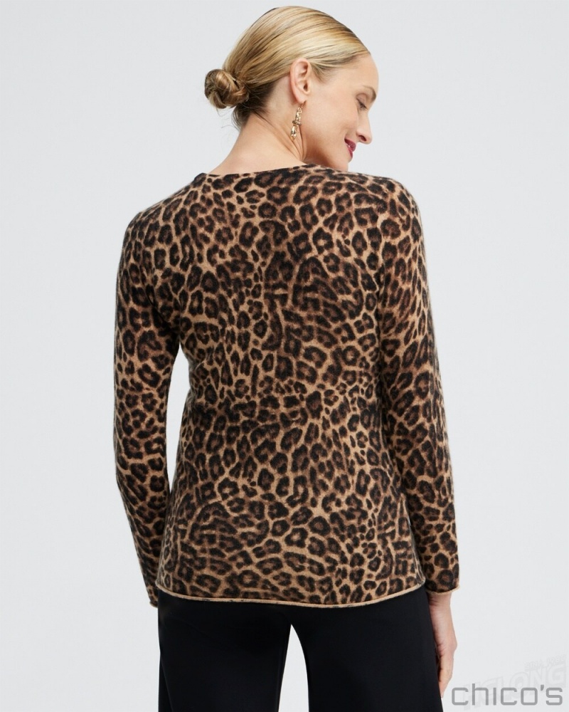 Chico's Cashmere Leopard Crew Neck Sweater Sweaters Brown | 953-CITRAY