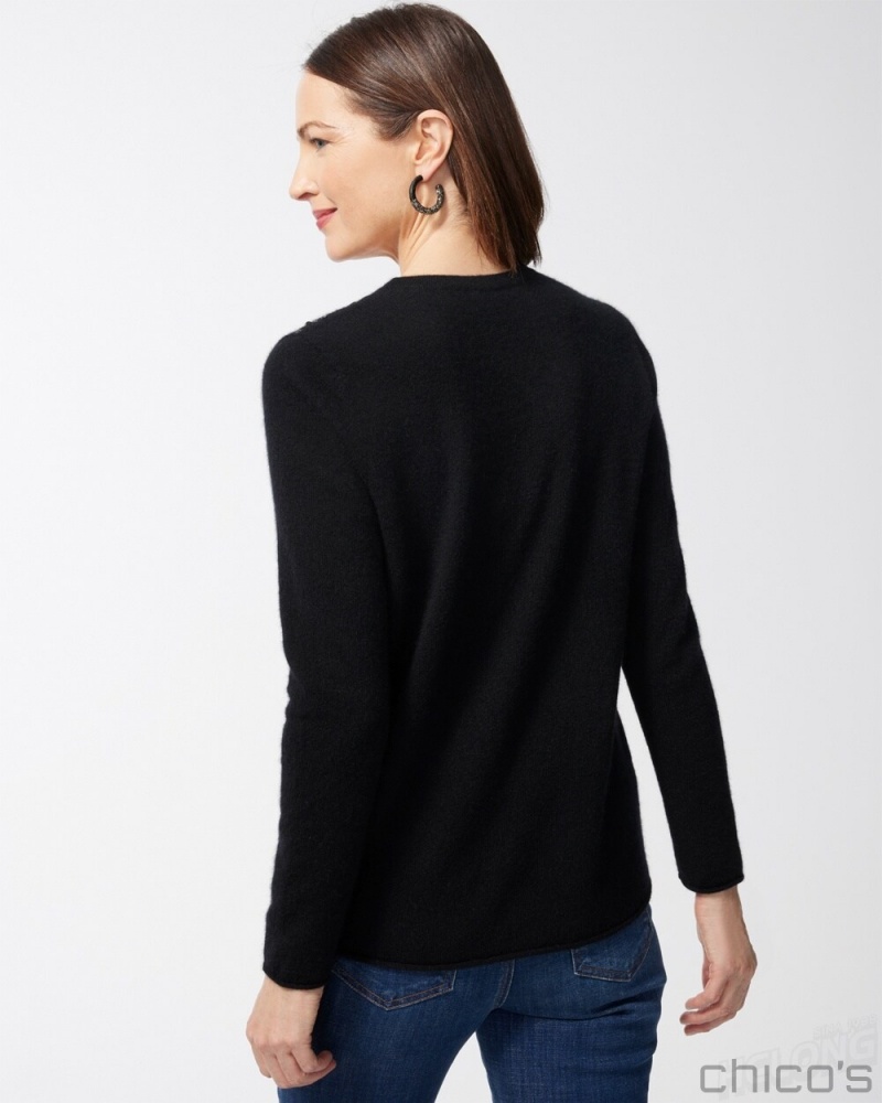 Chico's Cashmere Sequin Crew Neck Sweater Sweaters Black | 735-WROKNG