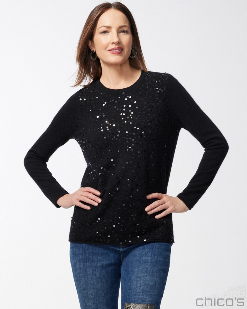 Chico\'s Cashmere Sequin Crew Neck Sweater Sweaters Black | 735-WROKNG