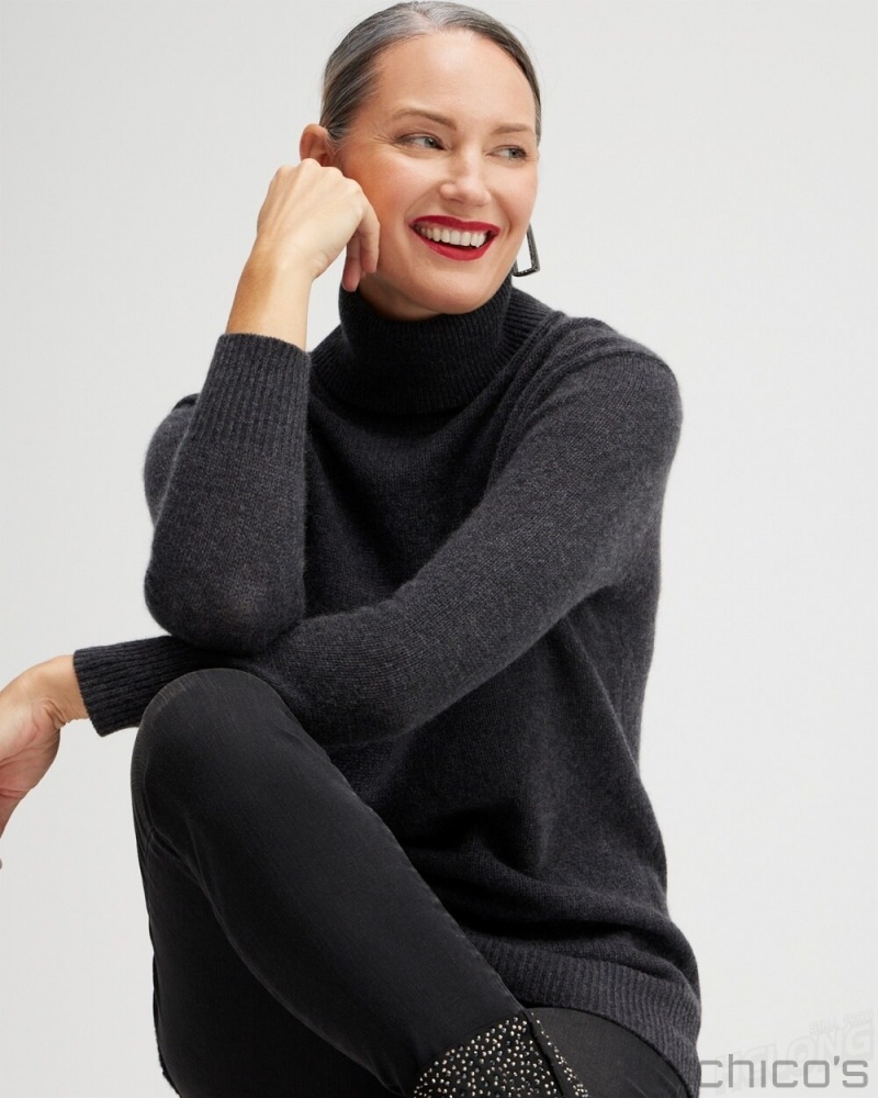 Chico's Cashmere Turtleneck Tunic Sweater Sweaters Black | 130-KHCWAF