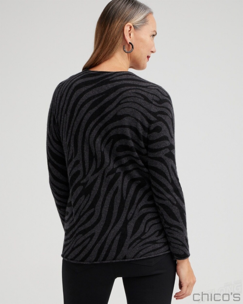 Chico's Cashmere Zebra Crew Neck Sweater Sweaters Dark Heather Grey | 714-FTPVBW