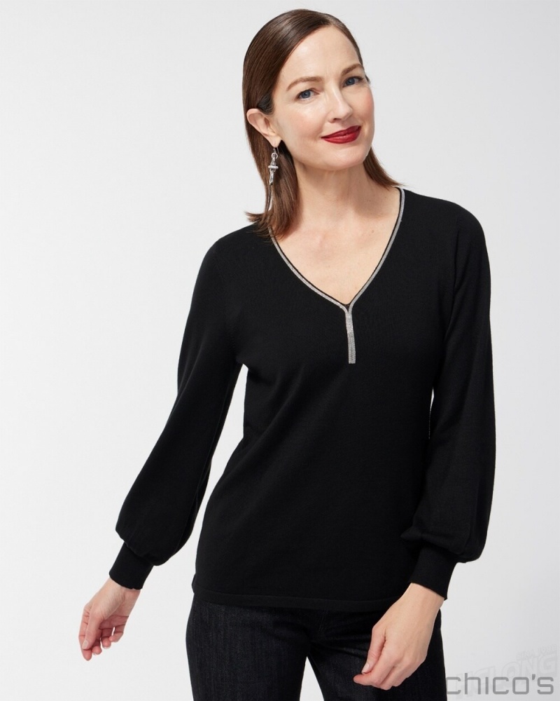 Chico's Caviar Trim V-Neck Pullover Sweater Sweaters Black | 843-KYOTRB