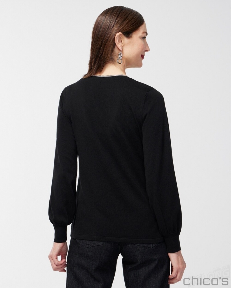 Chico's Caviar Trim V-Neck Pullover Sweater Sweaters Black | 843-KYOTRB