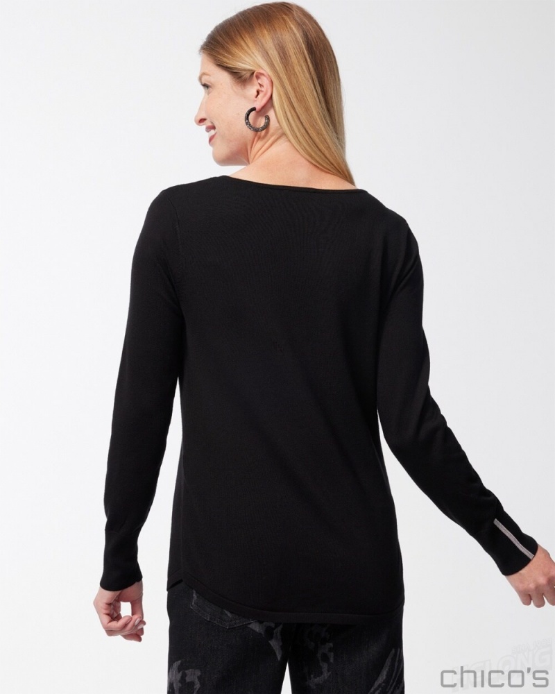 Chico's Caviar Trim V-Neck Pullover Sweater Sweaters Black | 830-GIVTAZ