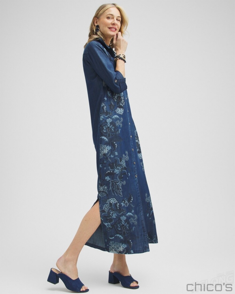 Chico's Chambray Roll Tab Floral Maxi Dress Dresses Blue | 192-CPLOVS