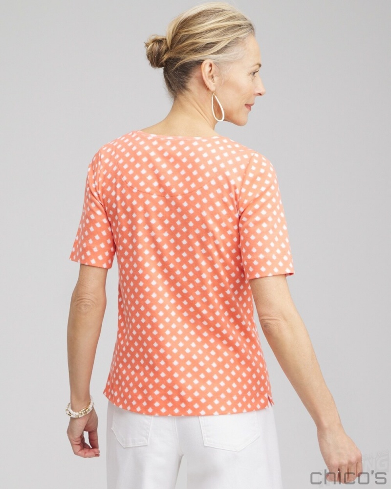 Chico's Checkered Everyday Elbow Sleeve Tee Tees & Tanks Nectarine | 284-USPQOA