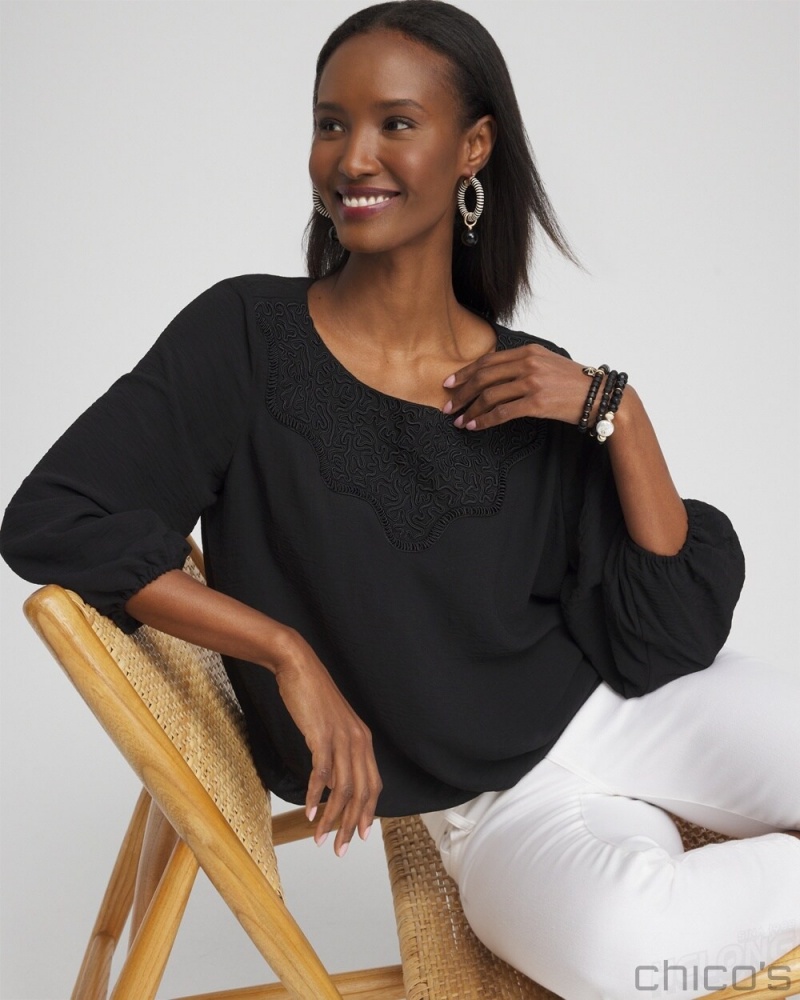 Chico's Chiffon Bubble Hem Top Blouses & Shirts Black | 172-OABZJM