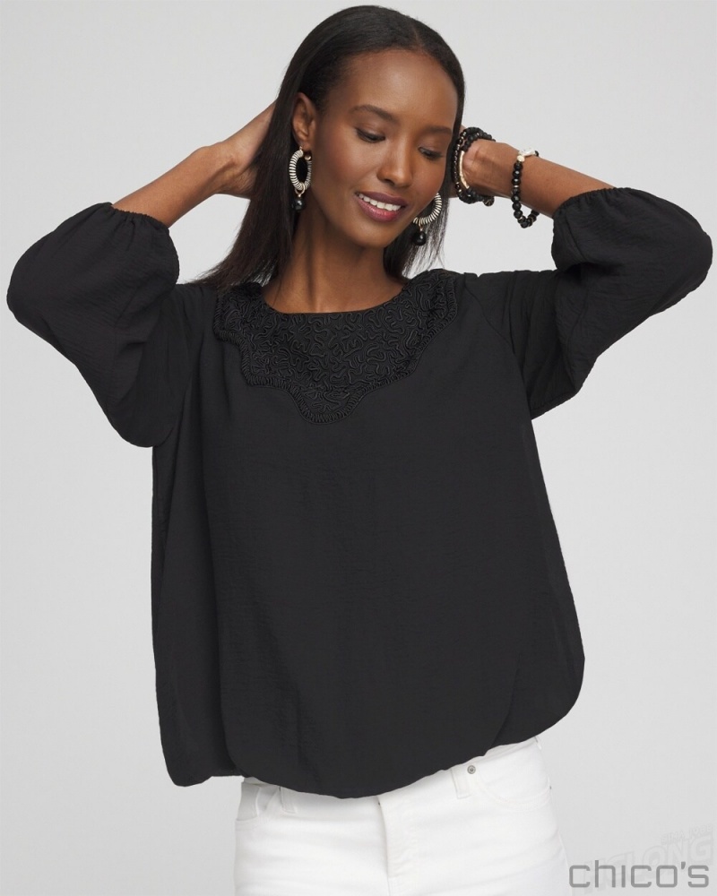 Chico\'s Chiffon Bubble Hem Top Blouses & Shirts Black | 172-OABZJM