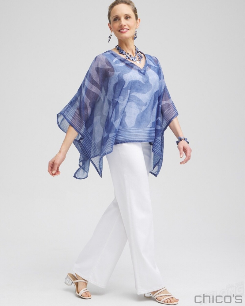 Chico's Chiffon Cool Abstract Poncho Ponchos & Ruanas Classic Navy | 124-KSNXQU