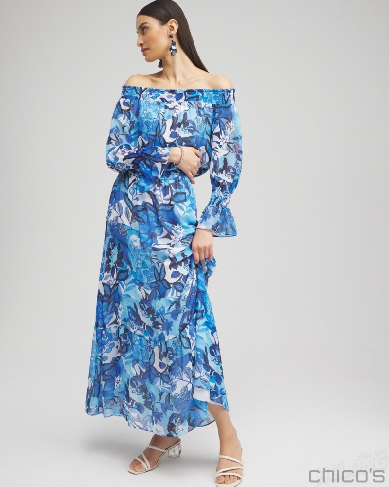 Chico's Chiffon Floral Maxi Dress Dresses Classic Navy | 092-FDCPLH