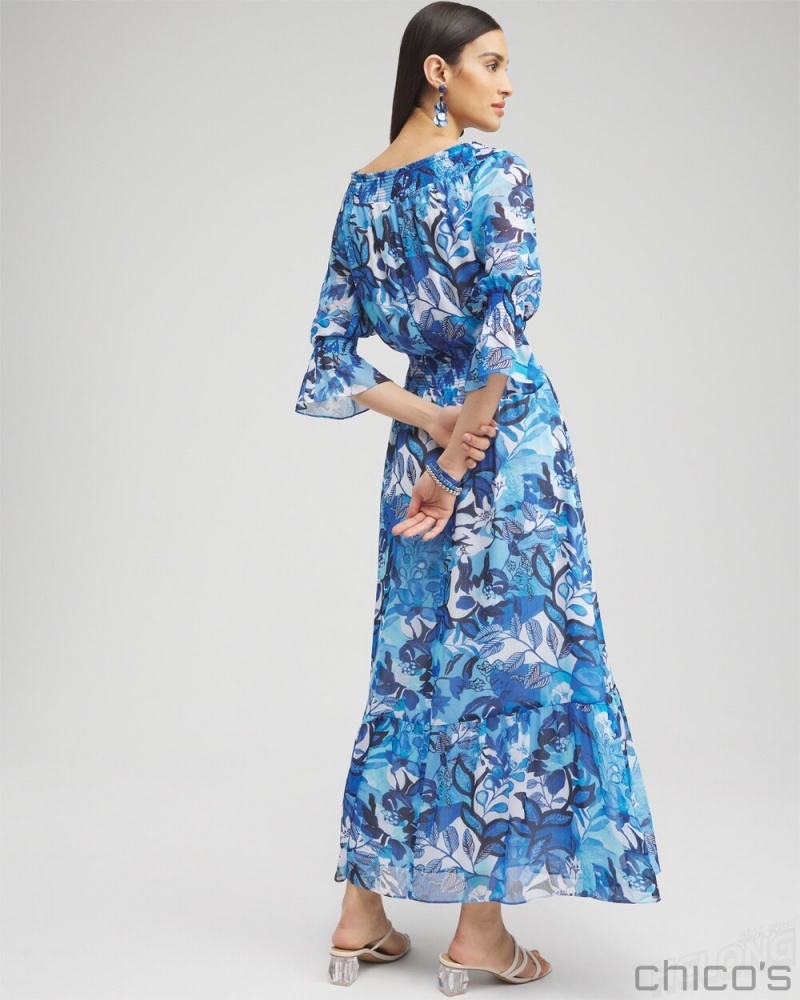 Chico's Chiffon Floral Maxi Dress Dresses Classic Navy | 092-FDCPLH