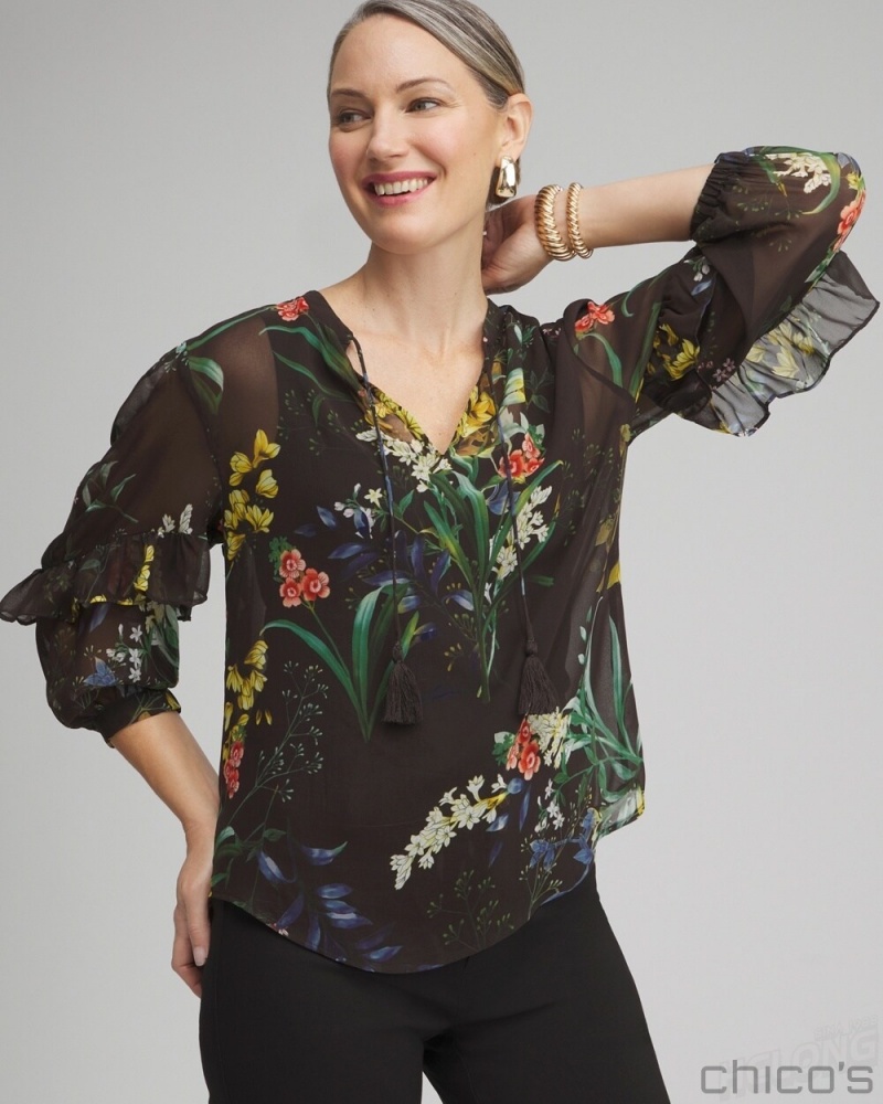 Chico's Chiffon Floral Ruffle Sleeve Blouse Blouses & Shirts Black | 628-QWXGVO