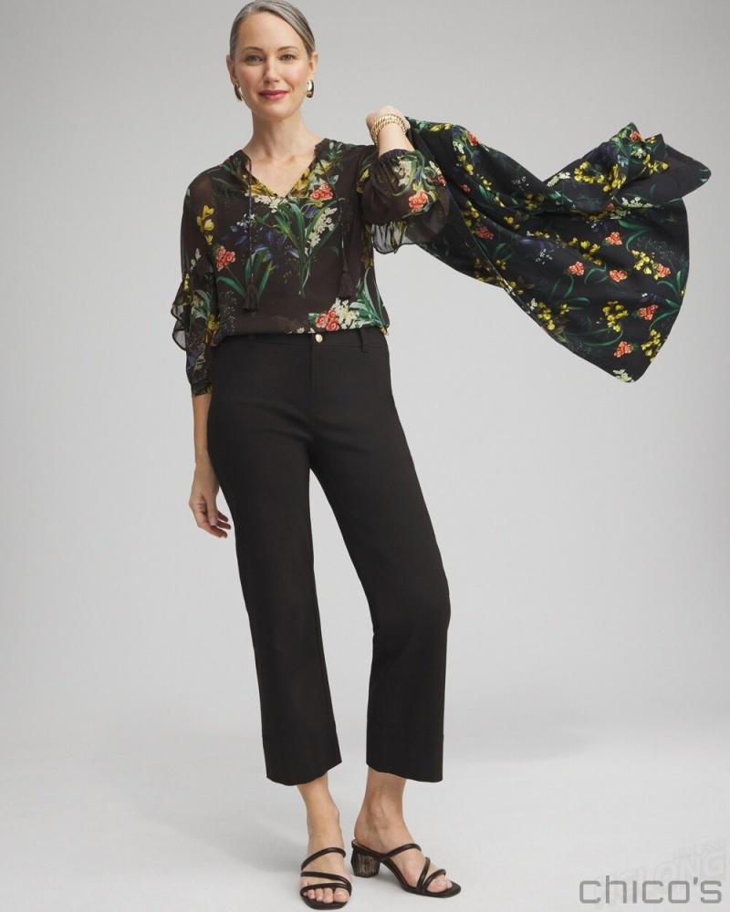 Chico's Chiffon Floral Ruffle Sleeve Blouse Blouses & Shirts Black | 628-QWXGVO