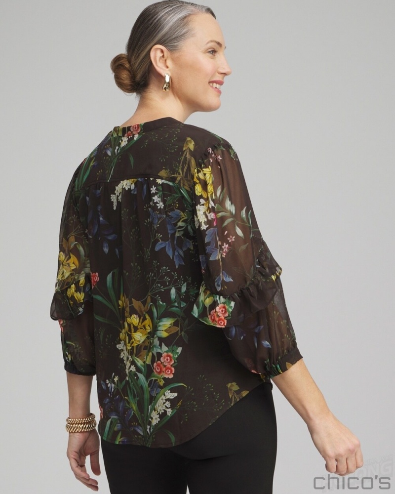 Chico's Chiffon Floral Ruffle Sleeve Blouse Blouses & Shirts Black | 628-QWXGVO