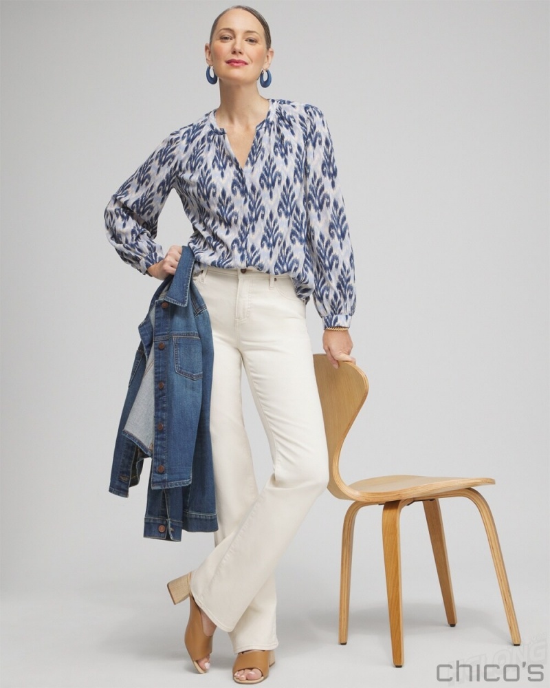 Chico's Chiffon Ikat Print Blouse Blouses & Shirts French Blue | 587-QPUMNA