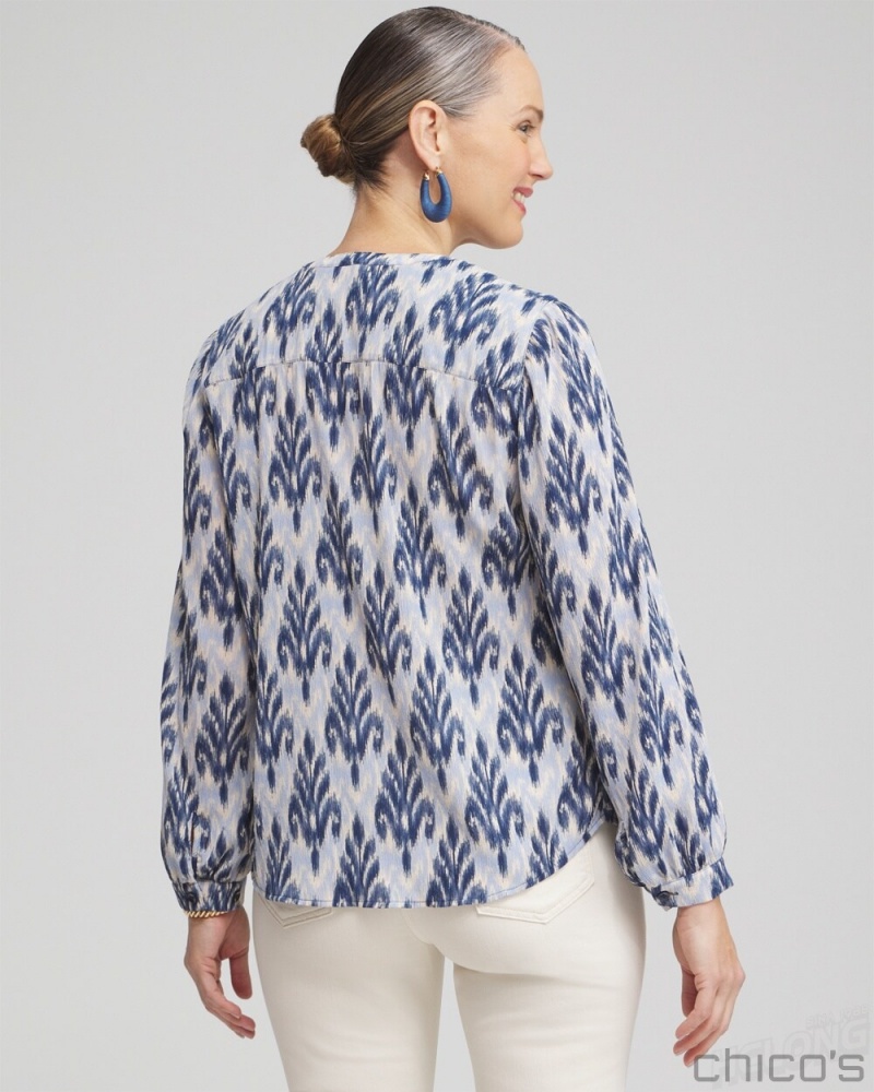 Chico's Chiffon Ikat Print Blouse Blouses & Shirts French Blue | 587-QPUMNA