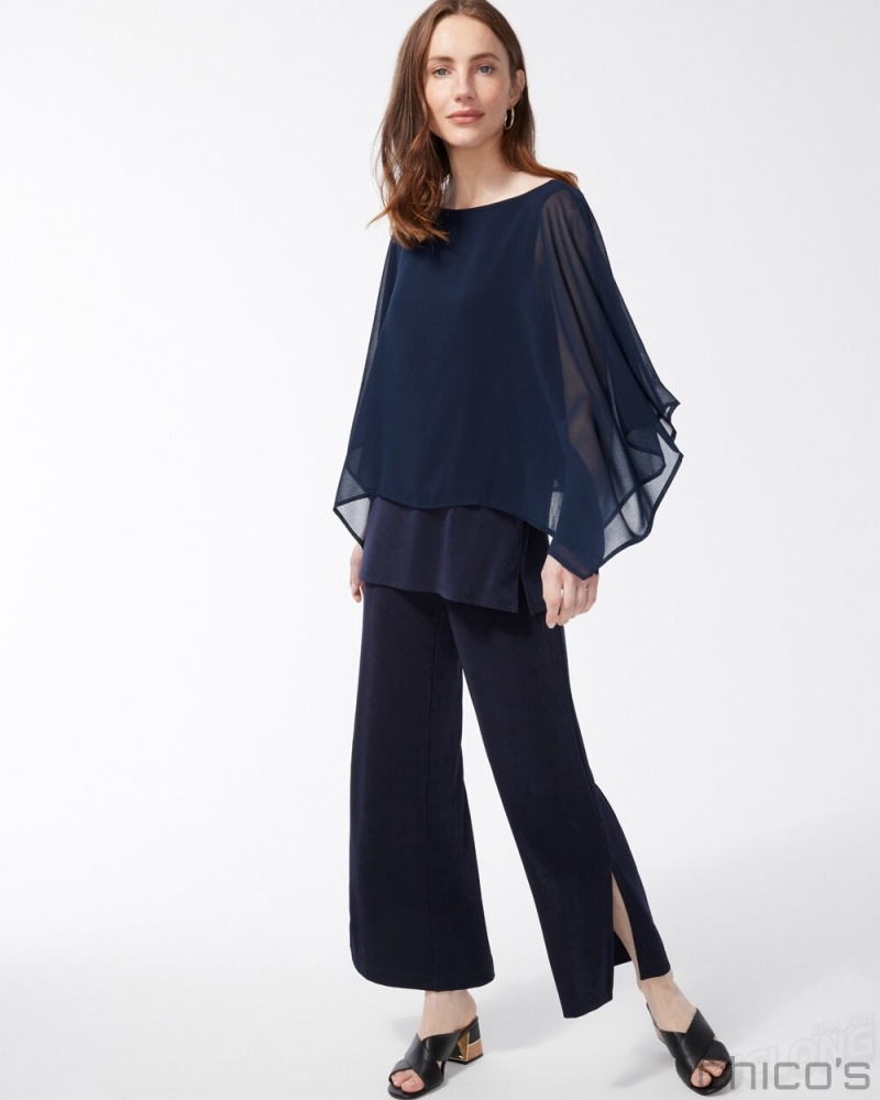 Chico's Chiffon Layered Top Tops Travelers India Ink | 015-NGZWHQ