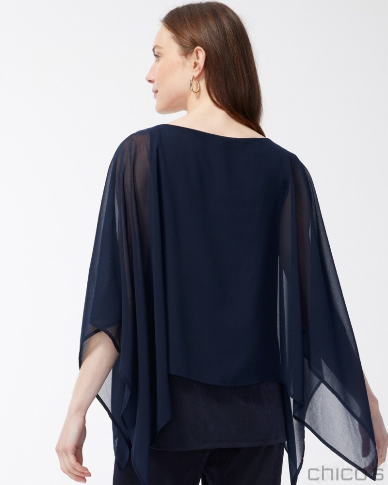 Chico's Chiffon Layered Top Tops Travelers India Ink | 015-NGZWHQ