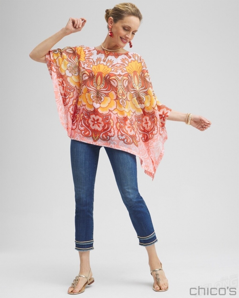 Chico's Chiffon Paisley Poncho Ponchos & Ruanas Coral Ice | 194-FCSTQI