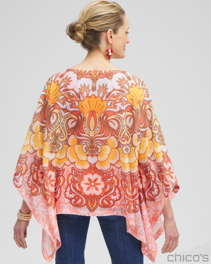 Chico's Chiffon Paisley Poncho Ponchos & Ruanas Coral Ice | 194-FCSTQI