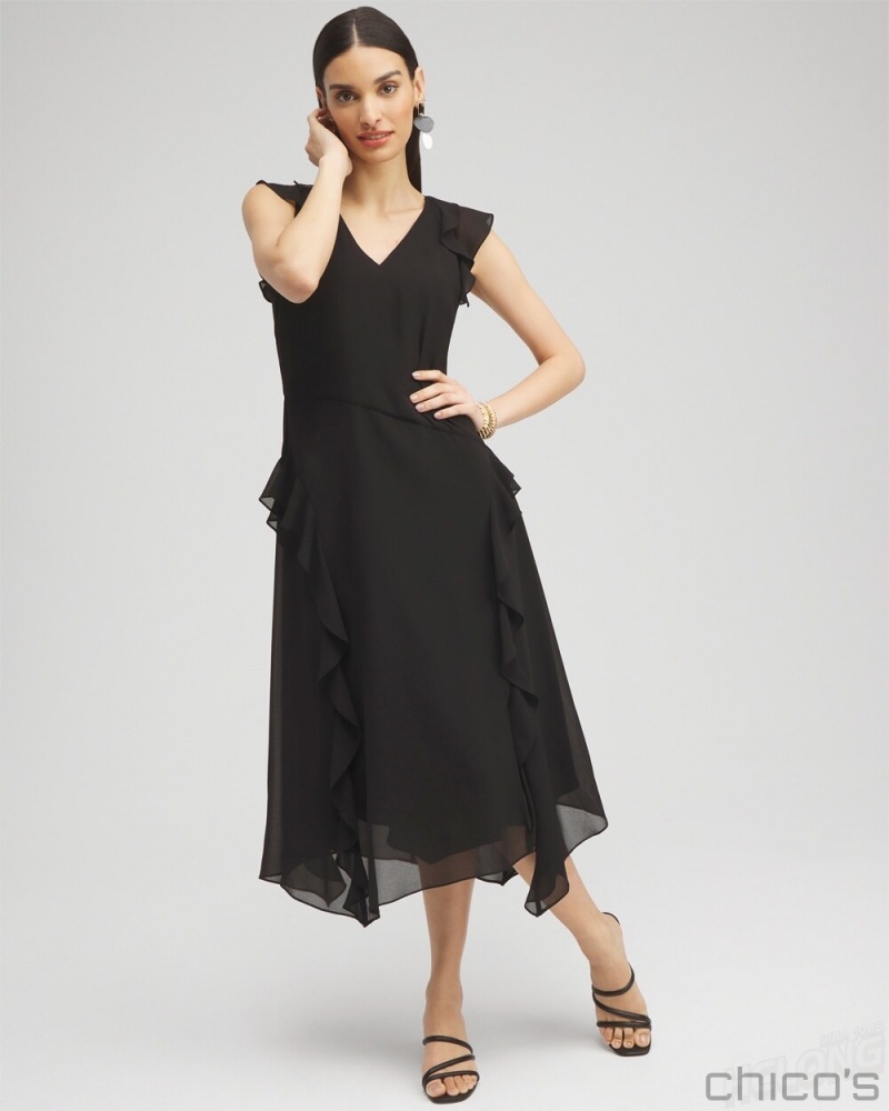 Chico's Chiffon Ruffle Midi Dress Dresses Black | 801-ECYBTD