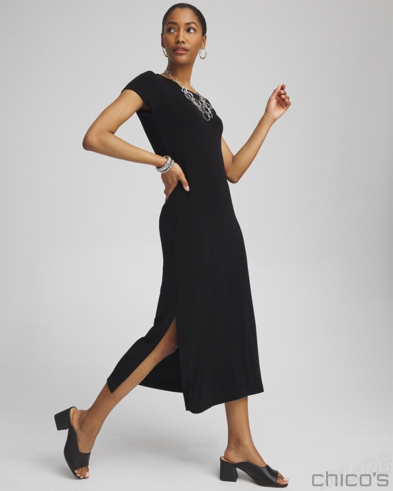 Chico's Classic Short Sleeve Maxi Dress Dresses Travelers Black | 918-EPAZOT