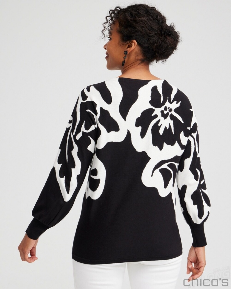 Chico's Contrast Print Pullover Sweater Sweaters Black | 937-QANGXZ