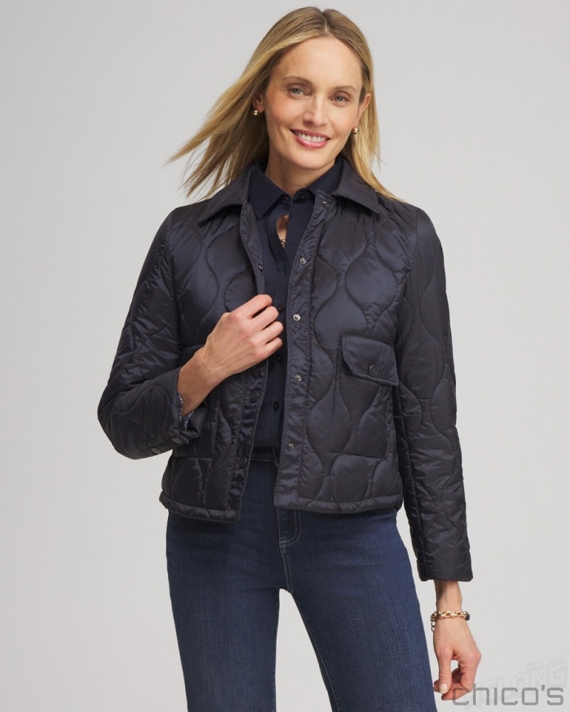 Chico\'s Cropped Quilted Jacket Jackets & Coats Classic Navy | 327-TXNPRF