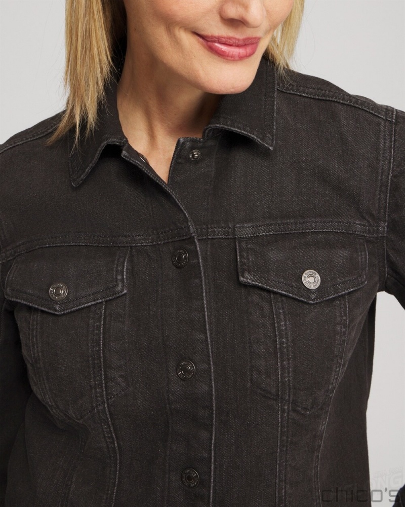 Chico's Cropped Shirttail Denim Jacket Jackets & Coats Black Oak Wash | 049-VFYPWB