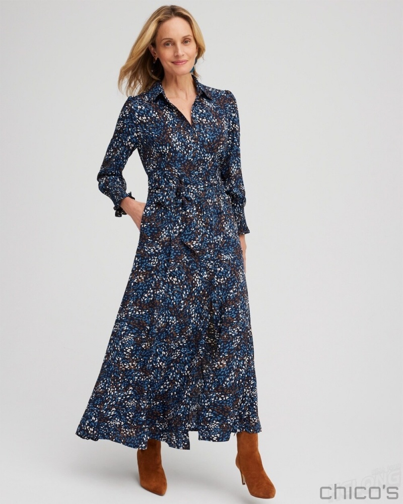 Chico's Dot Print Shirt Dress Dresses Classic Navy | 143-HZWLMK