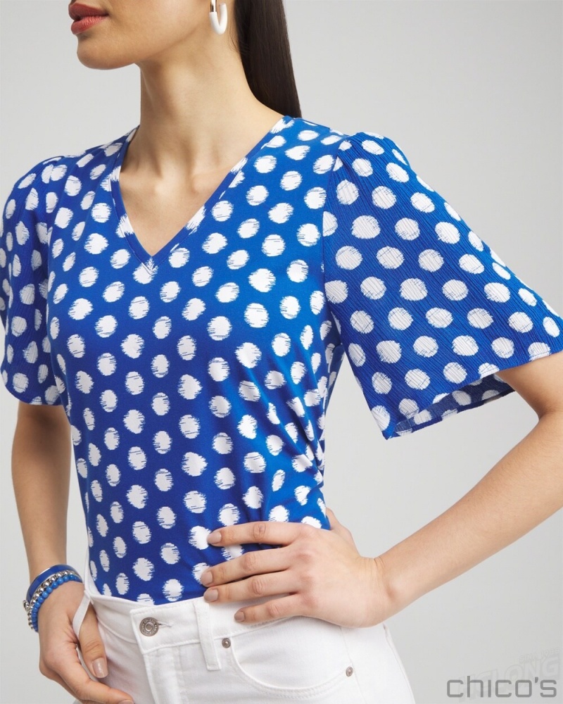 Chico's Dots Gauze Flutter Sleeve Top Tees & Tanks Intense Azure | 187-MUYPSR