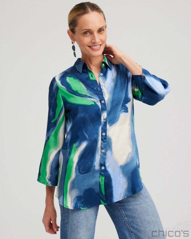 Chico's Drama Sleeve Swirl Print Top Tops Azores Blue | 364-UITOZL