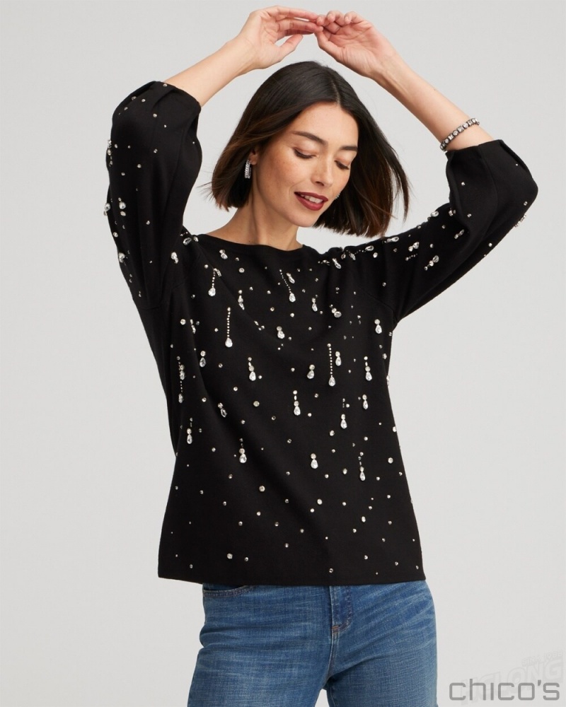 Chico's Drop Rhinestone Pullover Sweater Sweaters Black | 146-TSVEXR