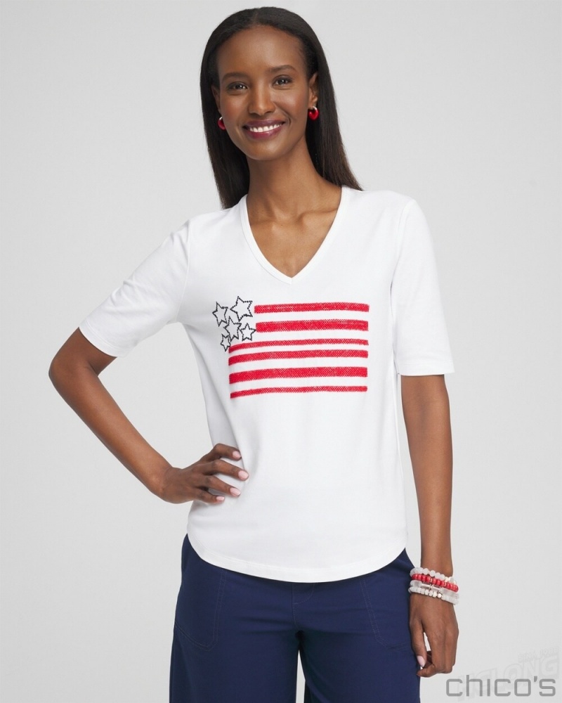 Chico's Embellished Flag Tee Tees & Tanks Alabaster | 948-EPJKHF