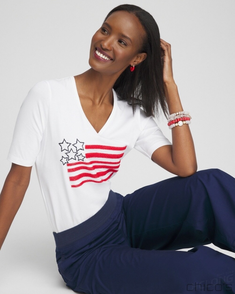 Chico's Embellished Flag Tee Tees & Tanks Alabaster | 948-EPJKHF