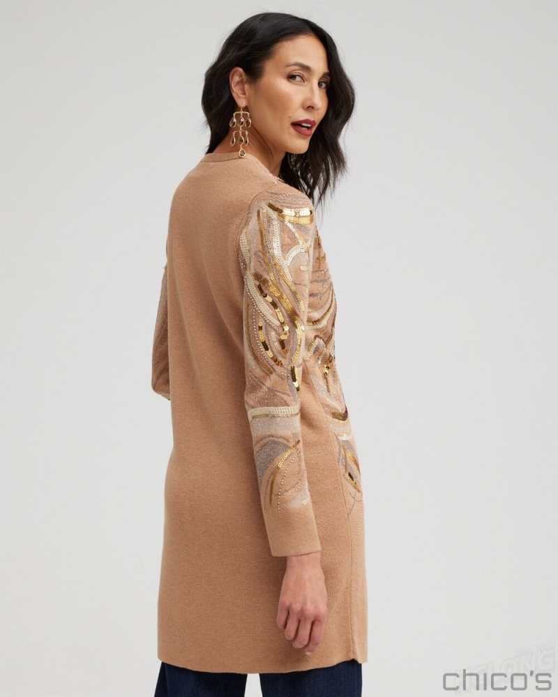 Chico's Embellished Jacquard Cardigan Sweater Sweaters Faux Camel Heather | 367-EPOFIZ