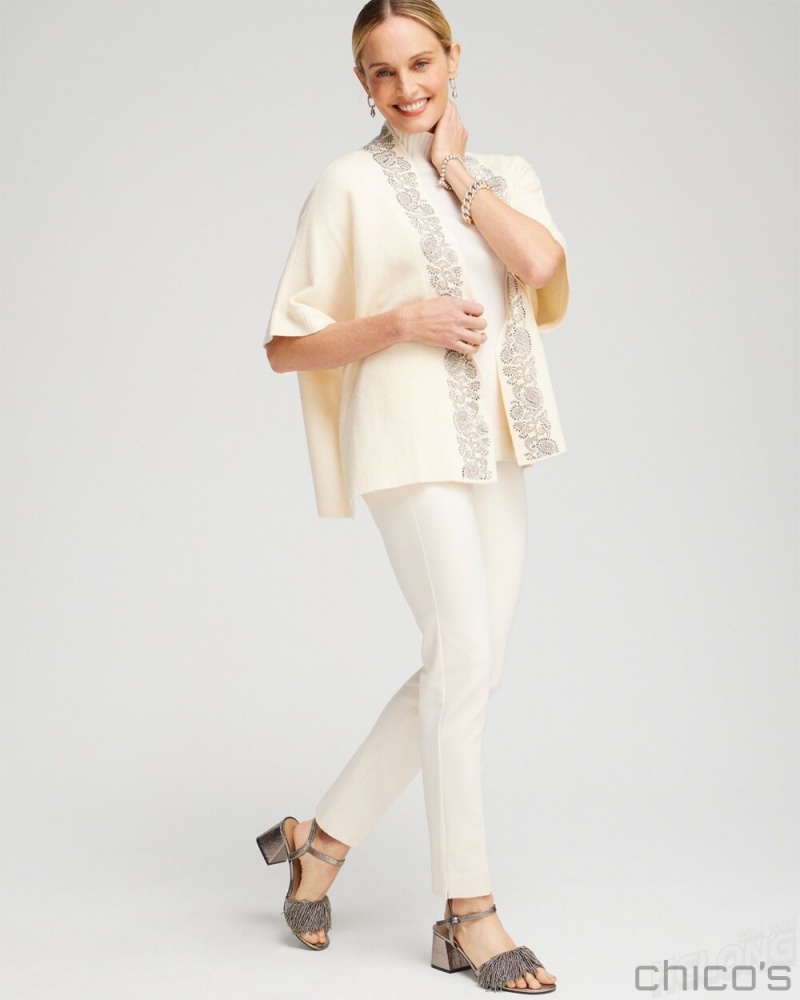 Chico's Embellished Placket Sweater Ruana Ponchos & Ruanas English Cream | 475-VGQMKB