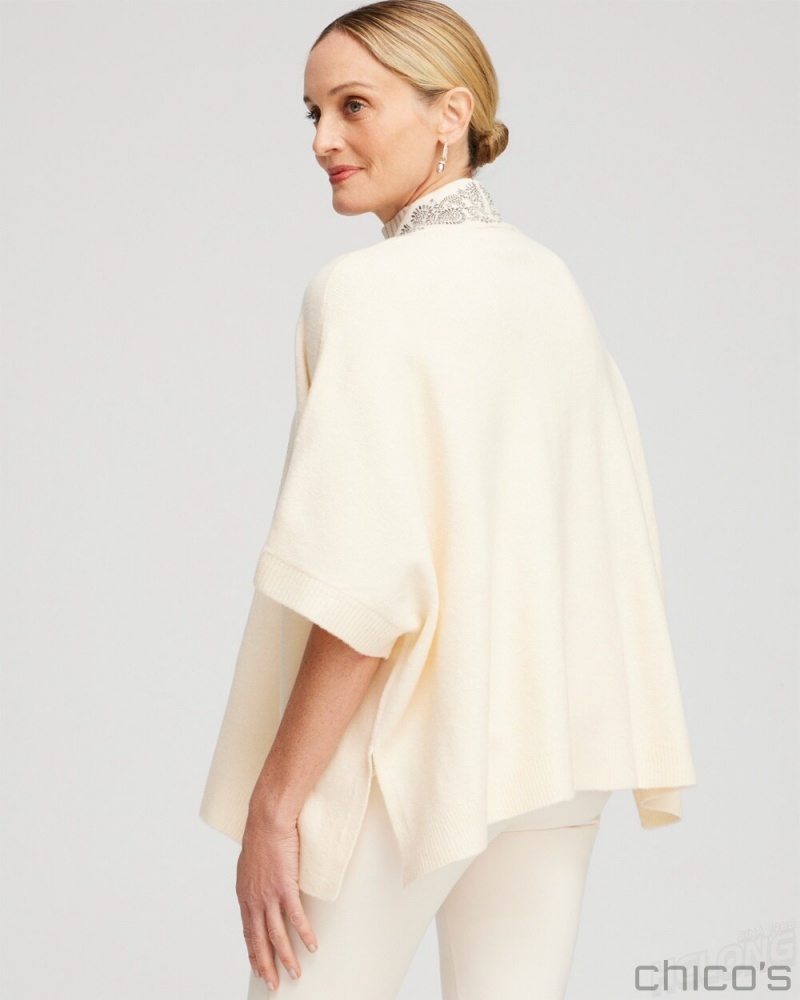 Chico's Embellished Placket Sweater Ruana Ponchos & Ruanas English Cream | 475-VGQMKB