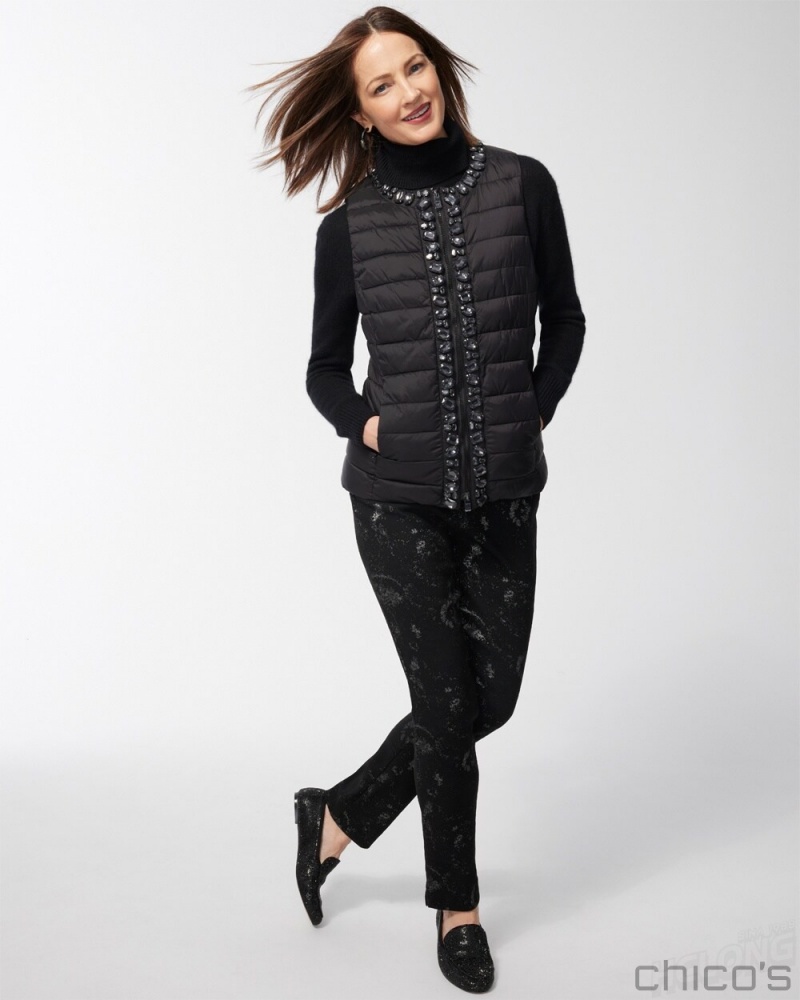 Chico's Embellished Puffer Vest Jackets & Coats Black | 650-WPLIQF