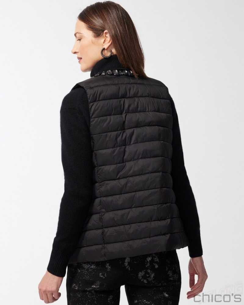 Chico's Embellished Puffer Vest Jackets & Coats Black | 650-WPLIQF