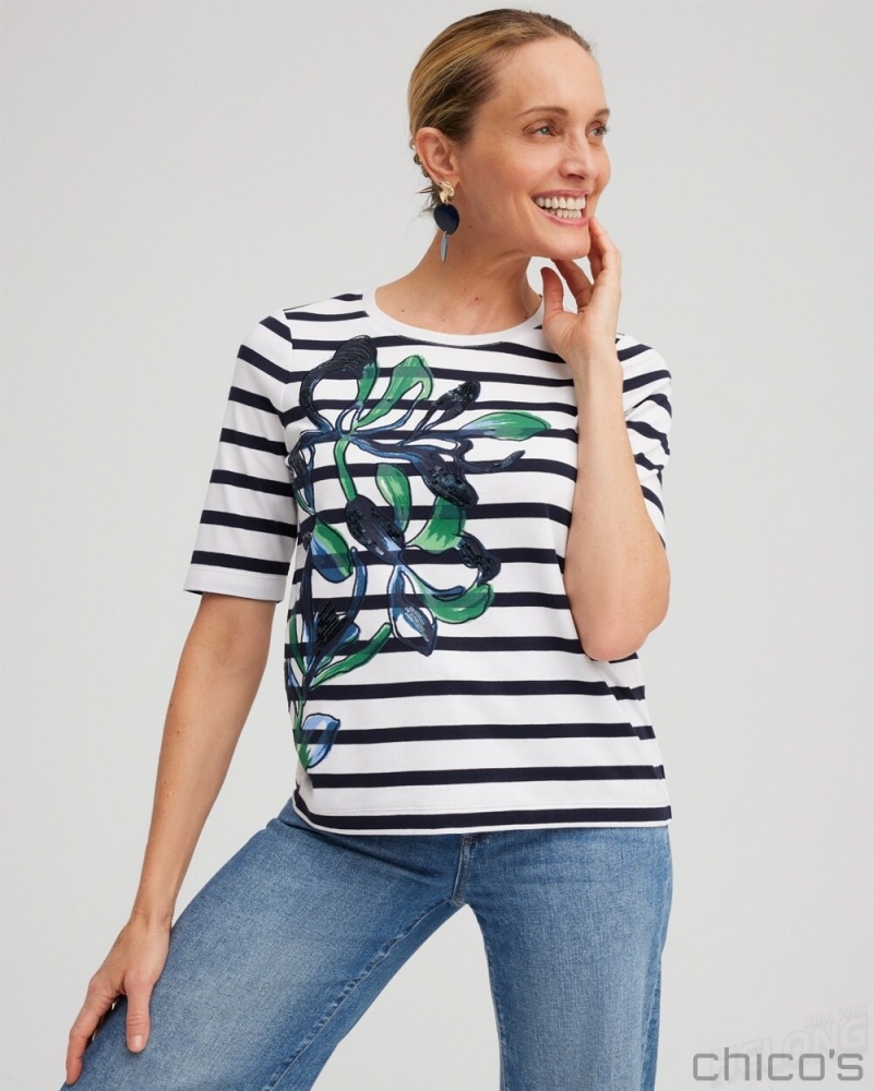 Chico\'s Embellished Stripe Tee Tees & Tanks Twisted Ivy | 759-NPKFJV