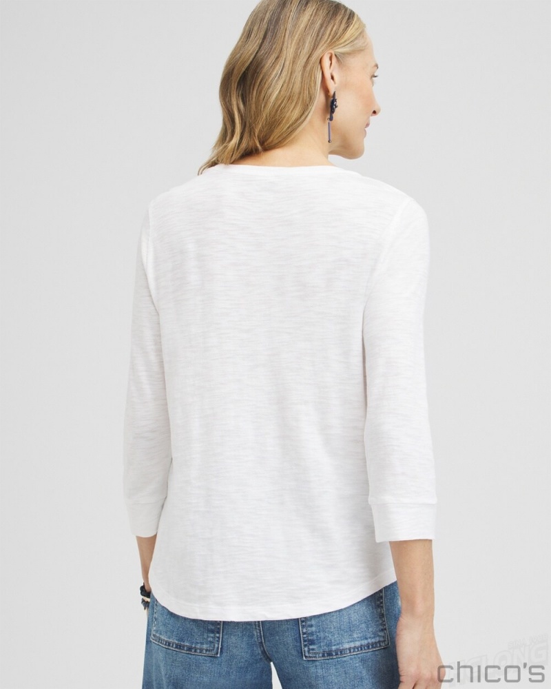 Chico's Embroidered 3/4 Sleeve Tee Tees & Tanks Alabaster | 043-PWCMBU