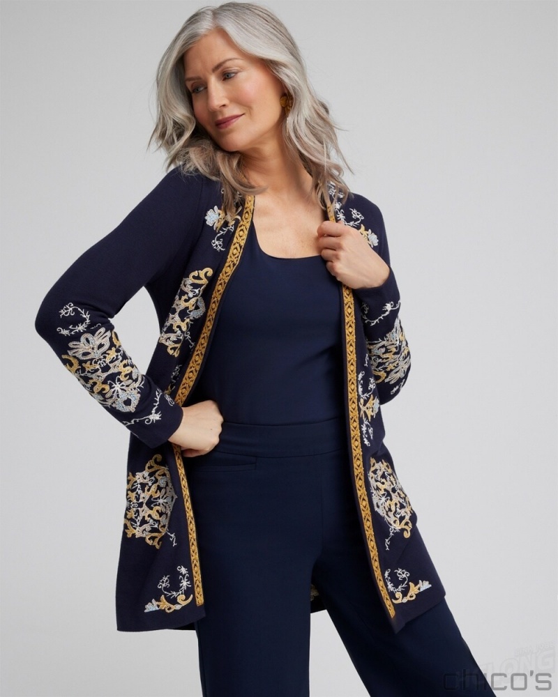 Chico's Embroidered Cardigan Tops Classic Navy | 834-BZMUEK