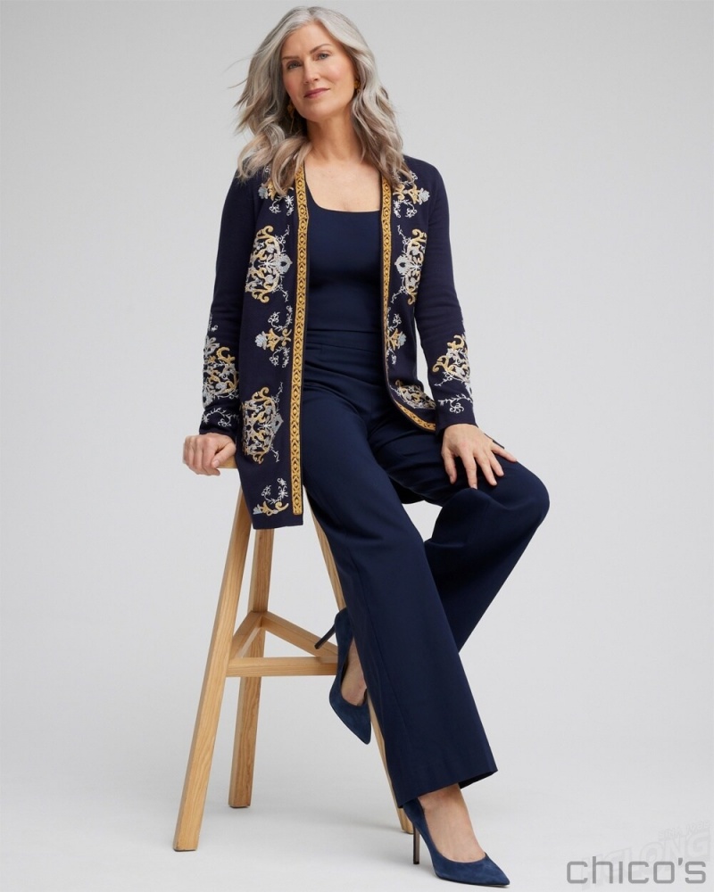 Chico's Embroidered Cardigan Tops Classic Navy | 834-BZMUEK