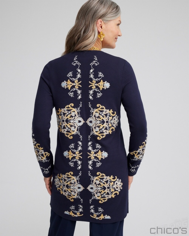 Chico's Embroidered Cardigan Tops Classic Navy | 834-BZMUEK