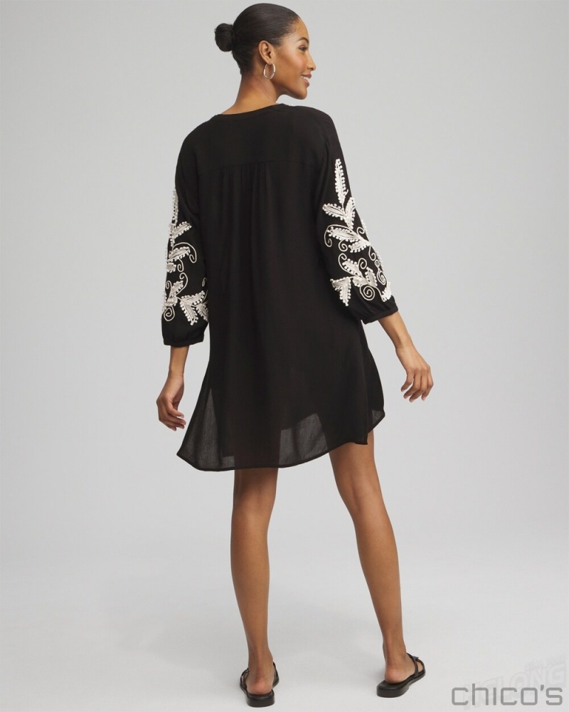 Chico's Embroidered Coverup Dress Swim Black | 532-UOGXBR